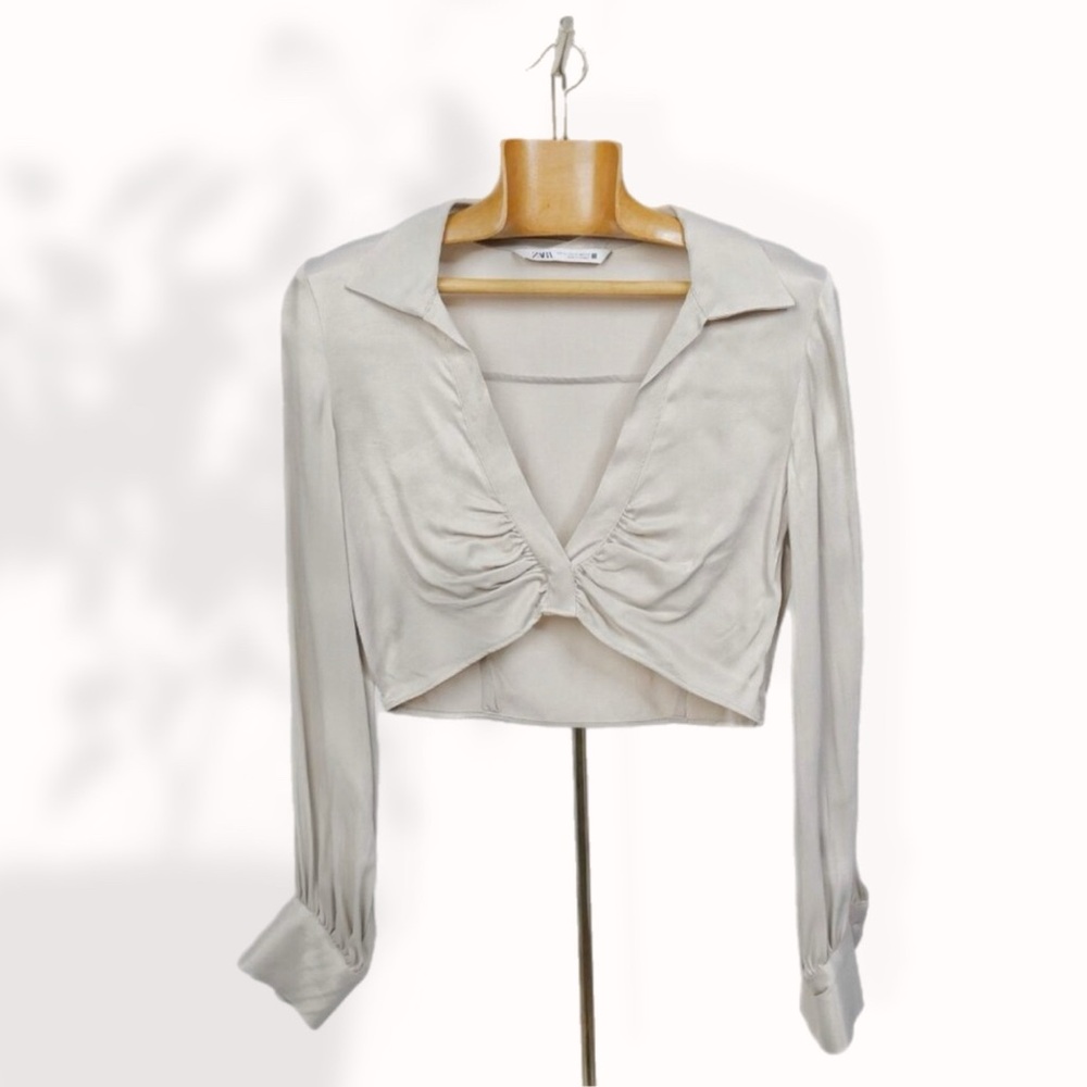 Zara | Taupe Collared Crop Blouse Sateen xs